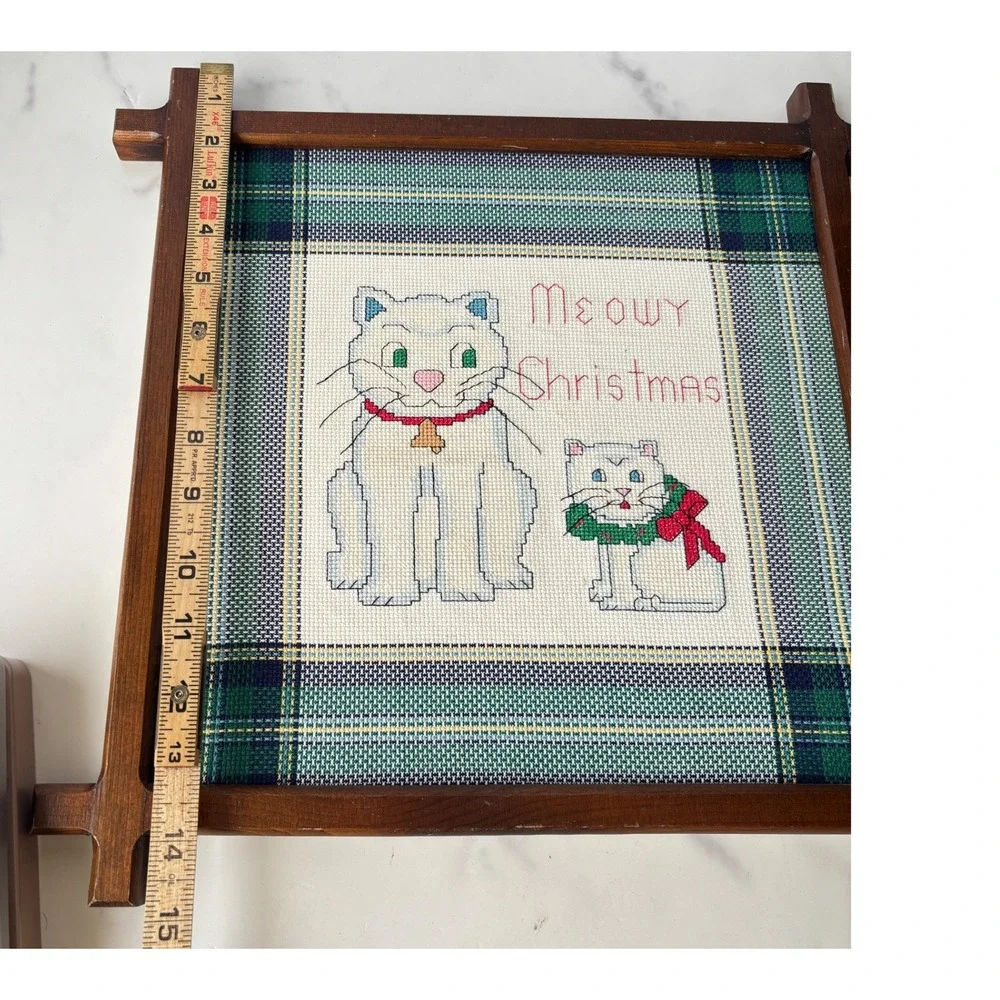 Vintage Meowy Christmas Cat Needlepoint Framed Cross Stitch Plaid Holiday Decor